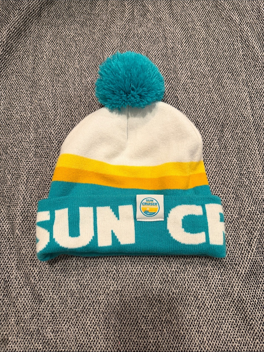 Kids Pom Beanie Hat in Teal, White & Yellow